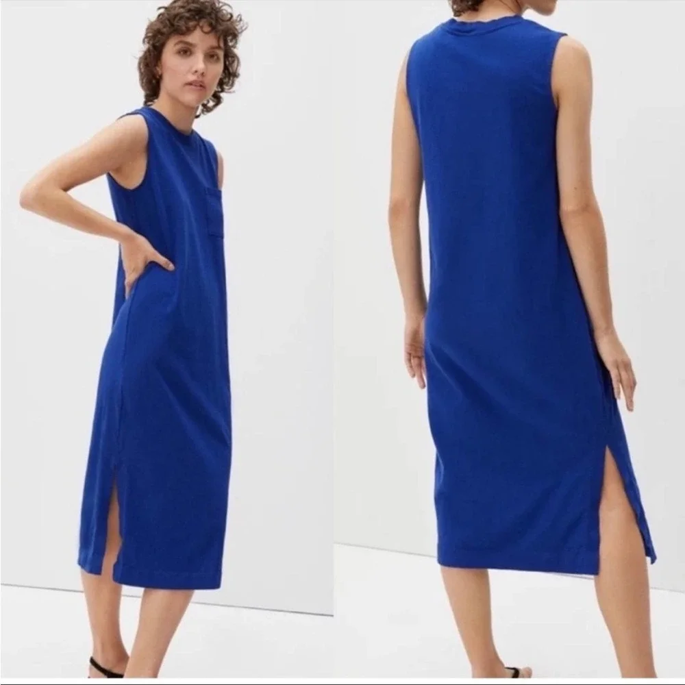 Everlane The Long Weekend Side Slit 100% Cotton Royal Blue Midi Dress XXS NEW